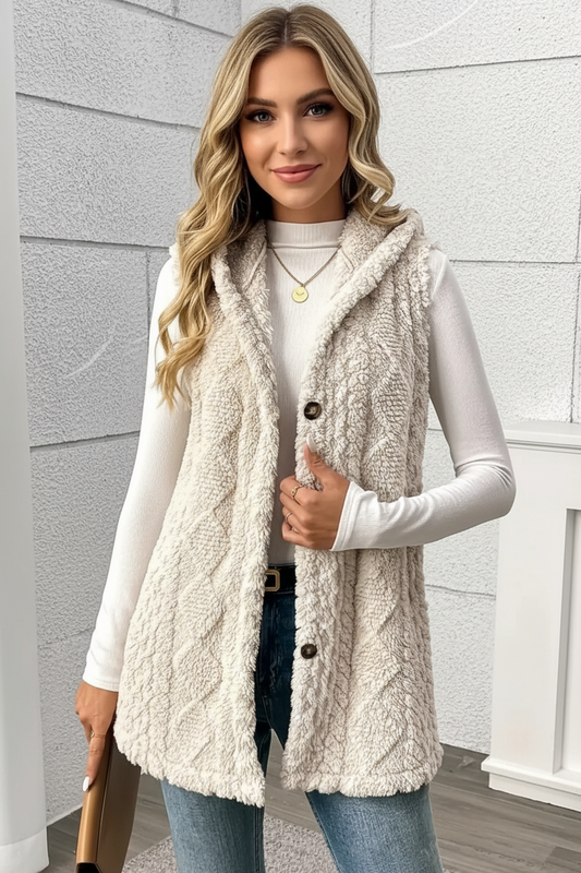 Hooded Button-Up Sherpa Vest Coat